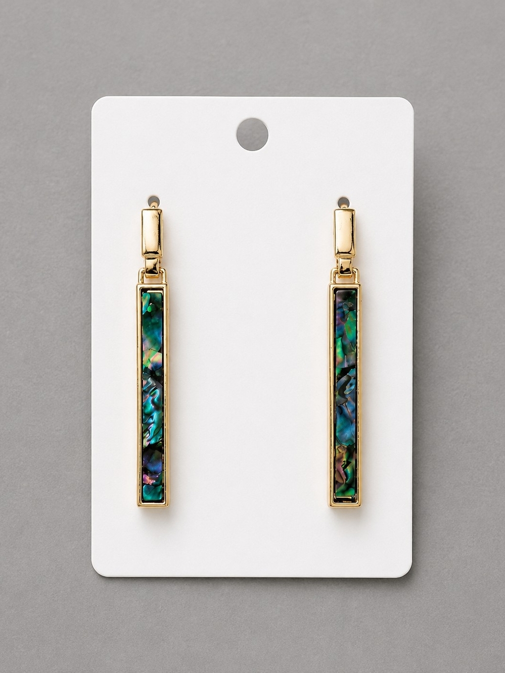 Gold Bar Drop Earrings with Abalone Inlay - Women Jewelry